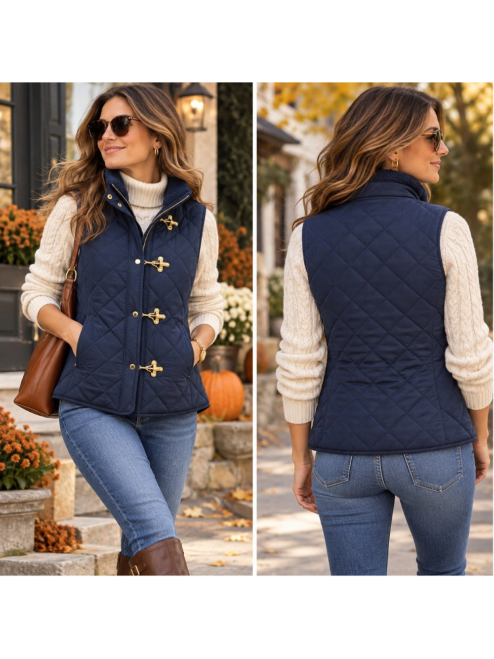 Lauren Ralph Lauren Small Navy Quilted Vest Gold Toggle Sherpa Collar Equestrian